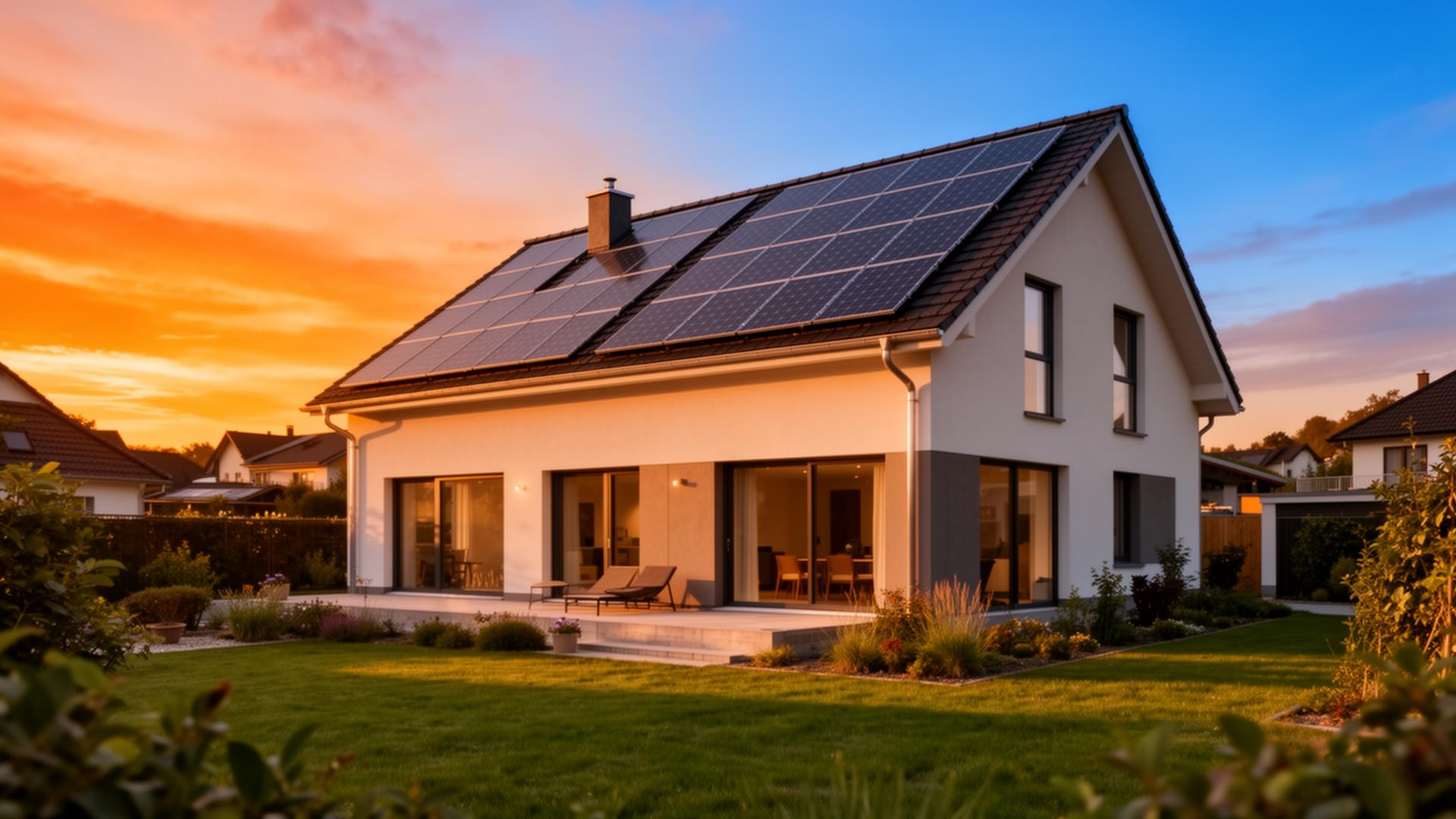 Nowoczesny dom z fotowoltaiką o zachodzie słońca — Sunrise Smart Home